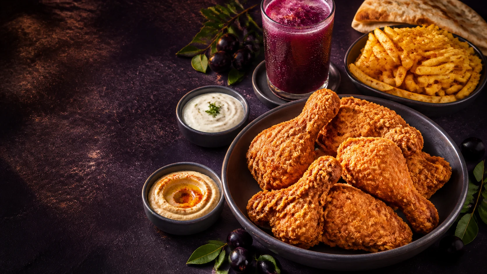 A broast chicken spread with fries, dips, flatbread and Jamun juice