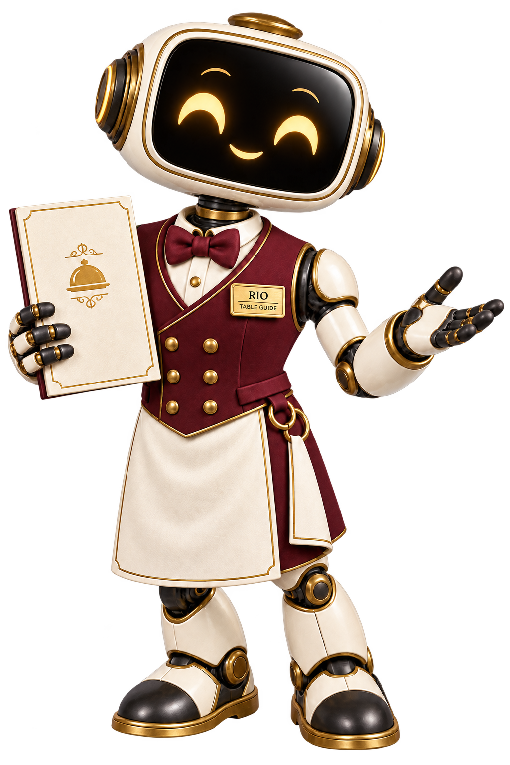 Rio's service robot wearing a Rio Table Guide employee badge